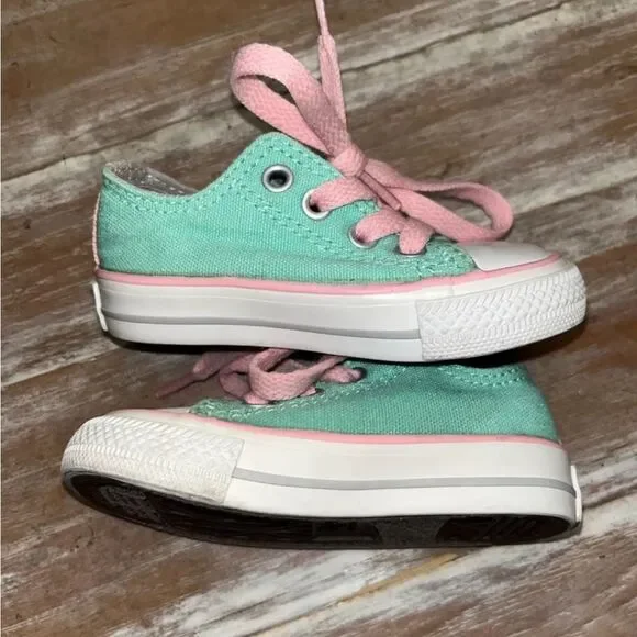 VGUC Converse All Stars Toddlers Size 4 mint/pink - Picture 2 of 9